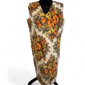 Vintage Fall Autumn Floral Sleeveless Dress - Orange and Green